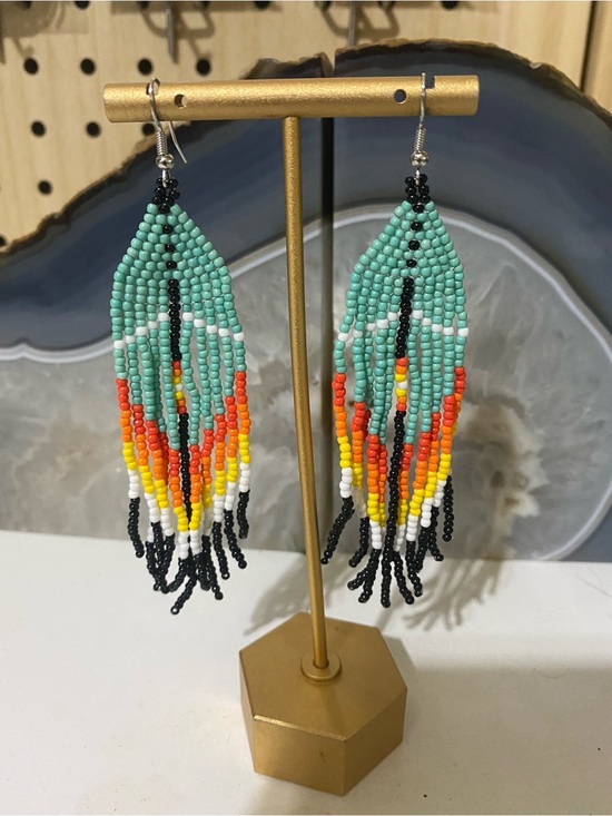 Handmade Jewelry - Boho Seed Bead Fringe Earrings - Turquoise, Orange & Black